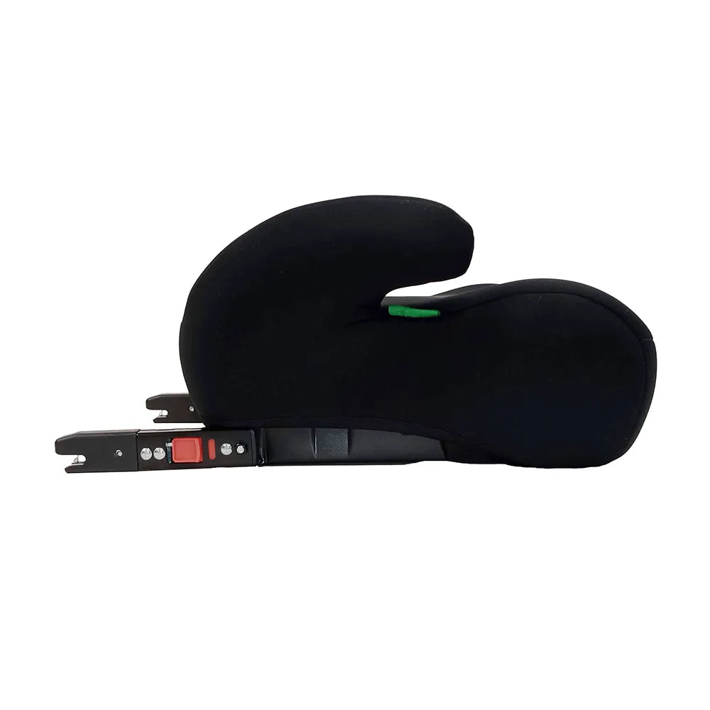 Asalvo CoreFix Booster Seat in Black  child car seat with a padded headrest and side harness attachment, shown in side profile against a plain white background.