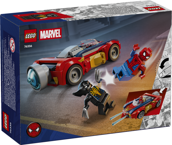 LEGO Marvel Spider-Man toy set packaging with superhero figures and vehicle.