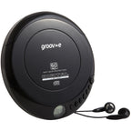 A black groovwave digital CD player with built-in earphones, shown on a clean white background.