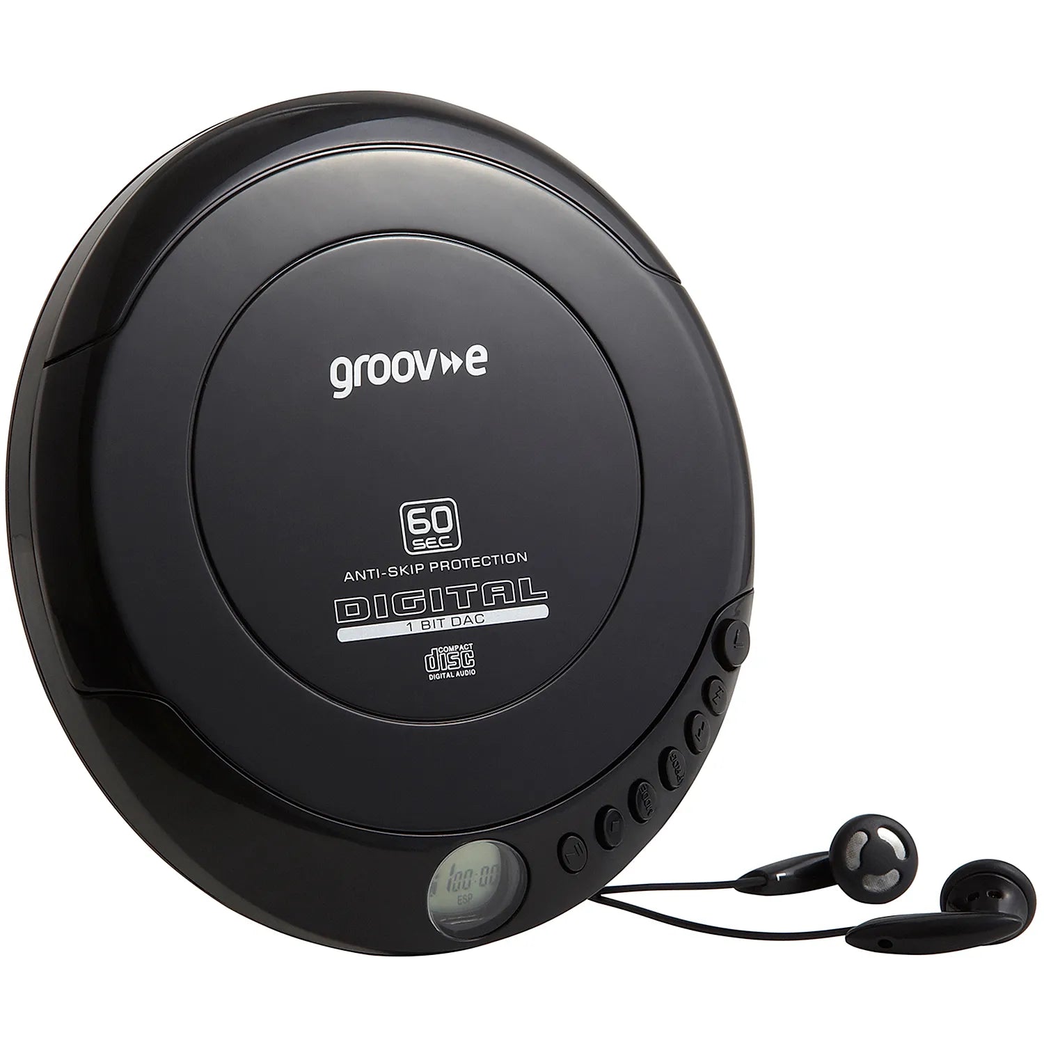A black groovwave digital CD player with built-in earphones, shown on a clean white background.