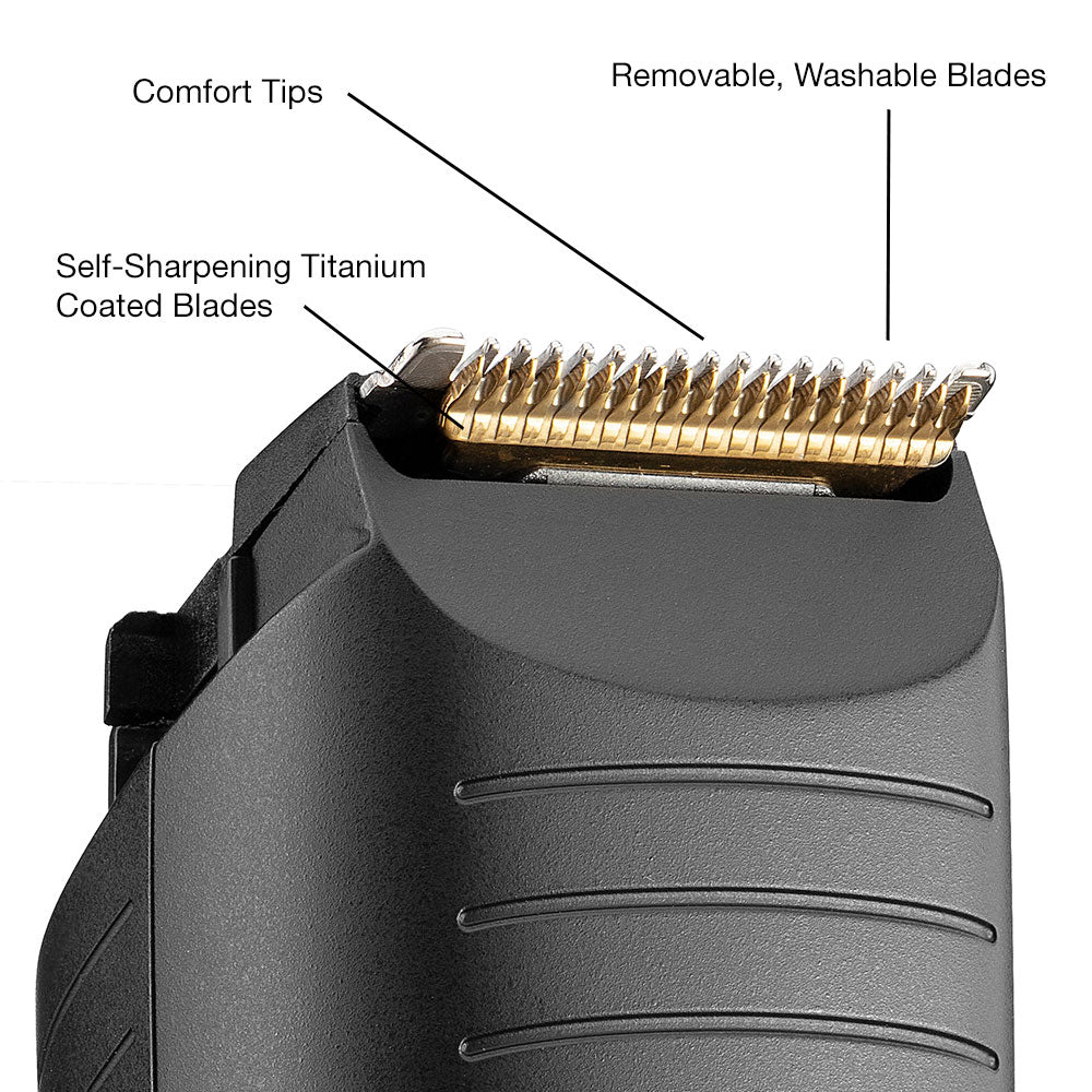 Close-up of a hair trimmer with labeled features on a white background