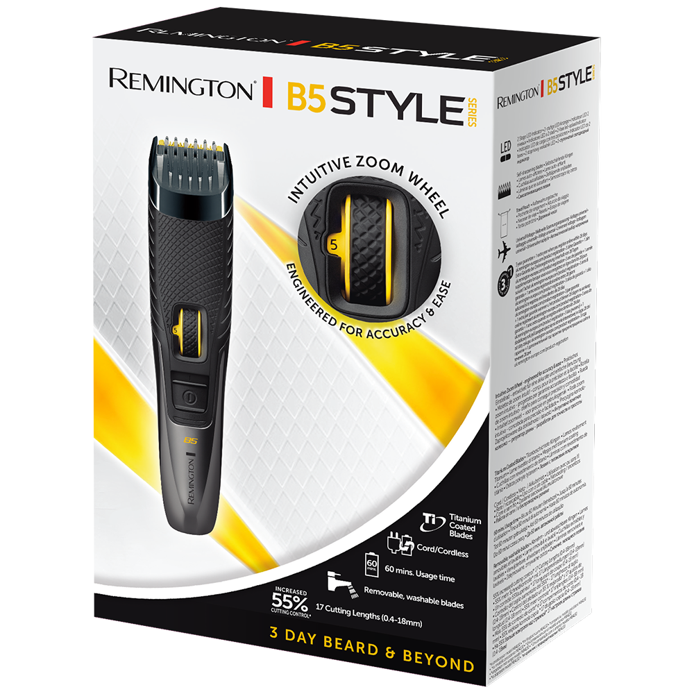 Remington B5 Style hair trimmer packaging with product image and features on a white background