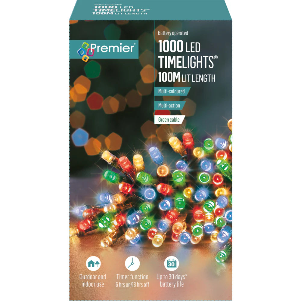 Premier 1000 LED Battery Xmas Lights – White/Multi, 100M, Timer-Controlled