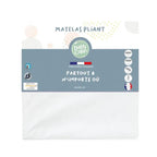 Baby Calin foldable mattress packaging with a blue-gray label and white mattress visible underneath, on a white background.