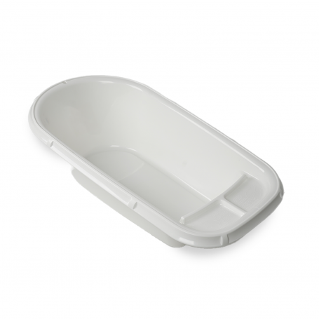 A white plastic baby bath tub with a built-in divider, shown from an elevated angle on a white background.