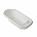 A white plastic baby bath tub with a built-in divider, shown from an elevated angle on a white background.
