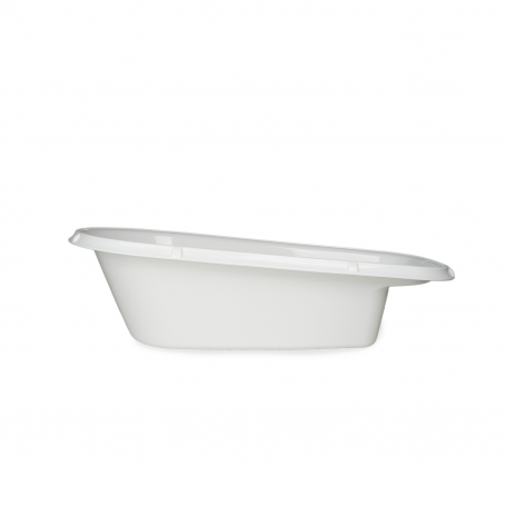 A white plastic oval tub or shallow container shown from a side angle on a plain white background.