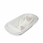 A white plastic baby bath tub with a molded support seat and a beige cat-shaped headrest insert, shown on a clean white background.