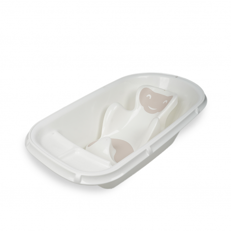 A white plastic baby bath tub with a molded support seat and a beige cat-shaped headrest insert, shown on a clean white background.