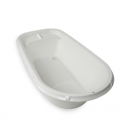 A white plastic baby bathtub with a built-in changing tray, shown from an elevated angle on a white background.