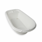 A white plastic baby bathtub with a built-in changing tray, shown from an elevated angle on a white background.