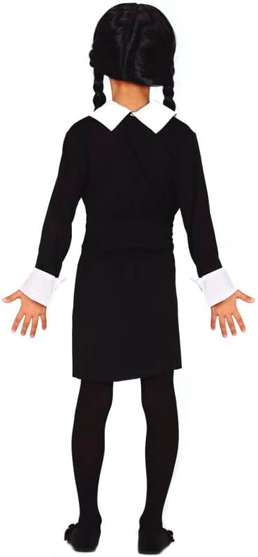 Black dress with white collar worn by a person on a white background