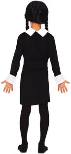 Black dress with white collar worn by a person on a white background