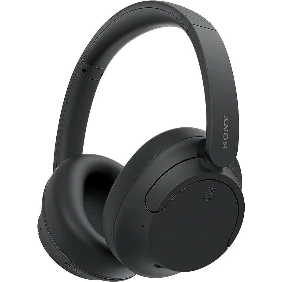 Black Sony headphones on a white background