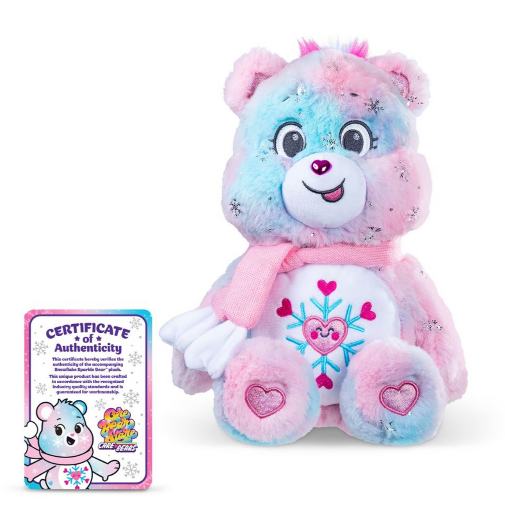 Colorful teddy bear plush toy with a certificate of authenticity on a white background