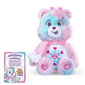 Colorful teddy bear plush toy with a certificate of authenticity on a white background