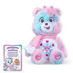 Colorful teddy bear plush toy with a certificate of authenticity on a white background