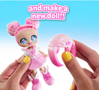 Toy doll with pink hair and outfit held by a hand against a blue background with text 'and make a new doll!!'.