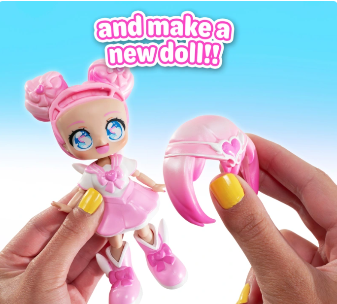 Toy doll with pink hair and outfit held by a hand against a blue background with text 'and make a new doll!!'.