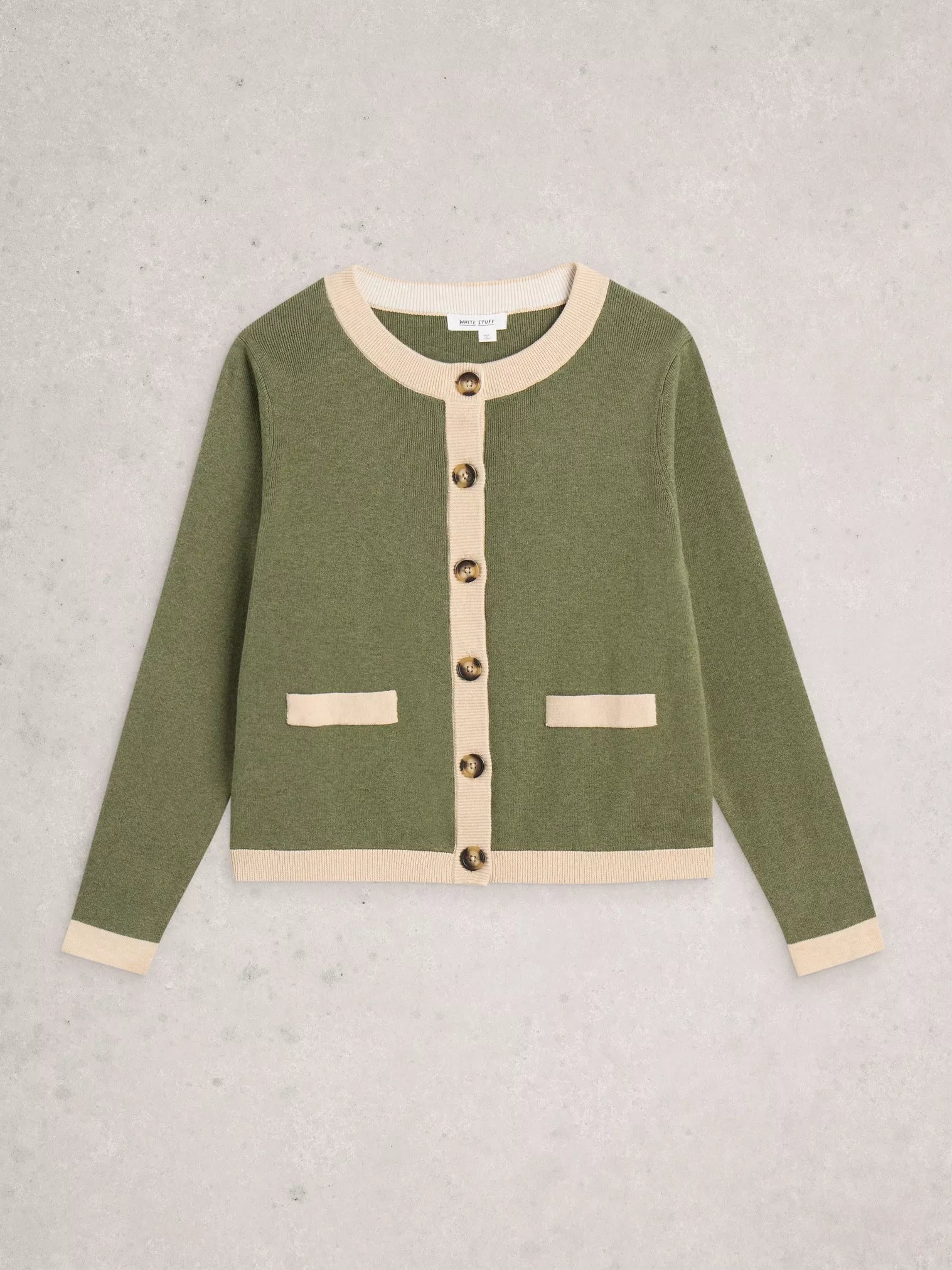 Charlotte Long Sleeve Cardi in Khaki Green – 100% Organic Cotton, Crew Neck, Faux Pockets, Contrast Tipping