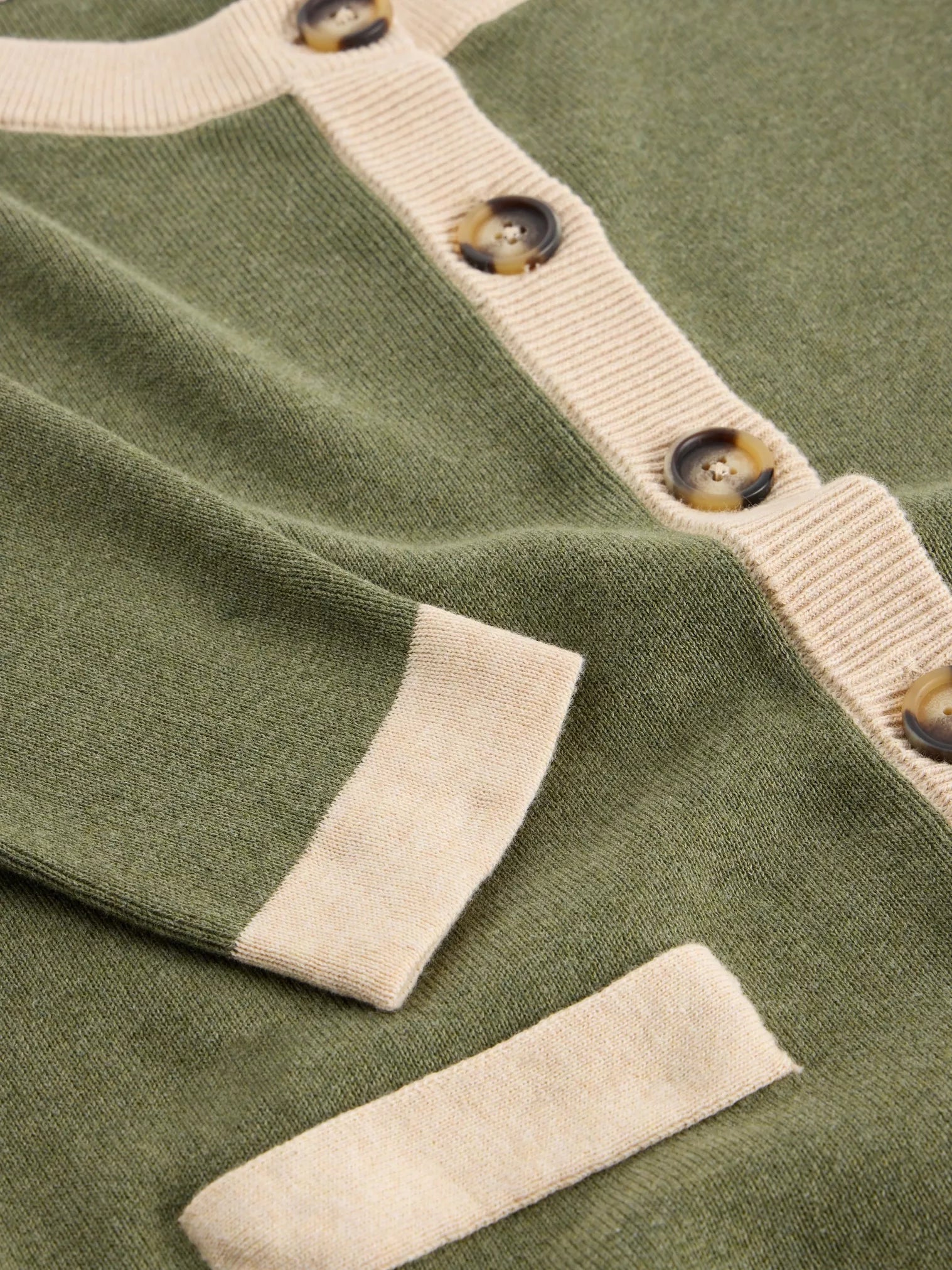 Charlotte Long Sleeve Cardi in Khaki Green – 100% Organic Cotton, Crew Neck, Faux Pockets, Contrast Tipping