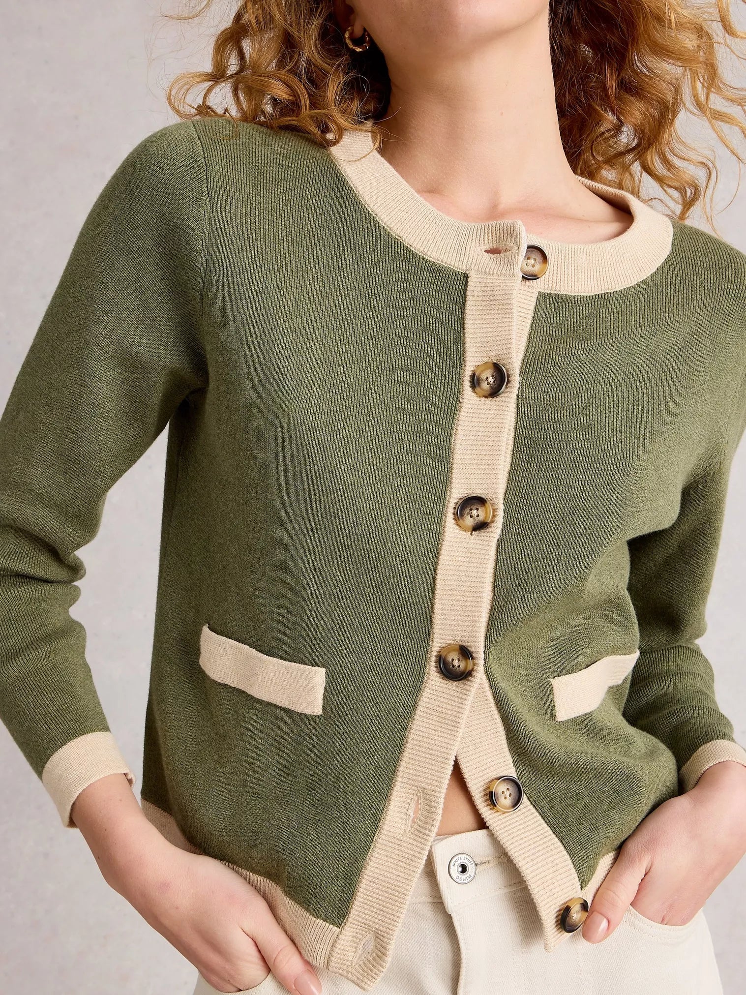 Charlotte Long Sleeve Cardi in Khaki Green – 100% Organic Cotton, Crew Neck, Faux Pockets, Contrast Tipping