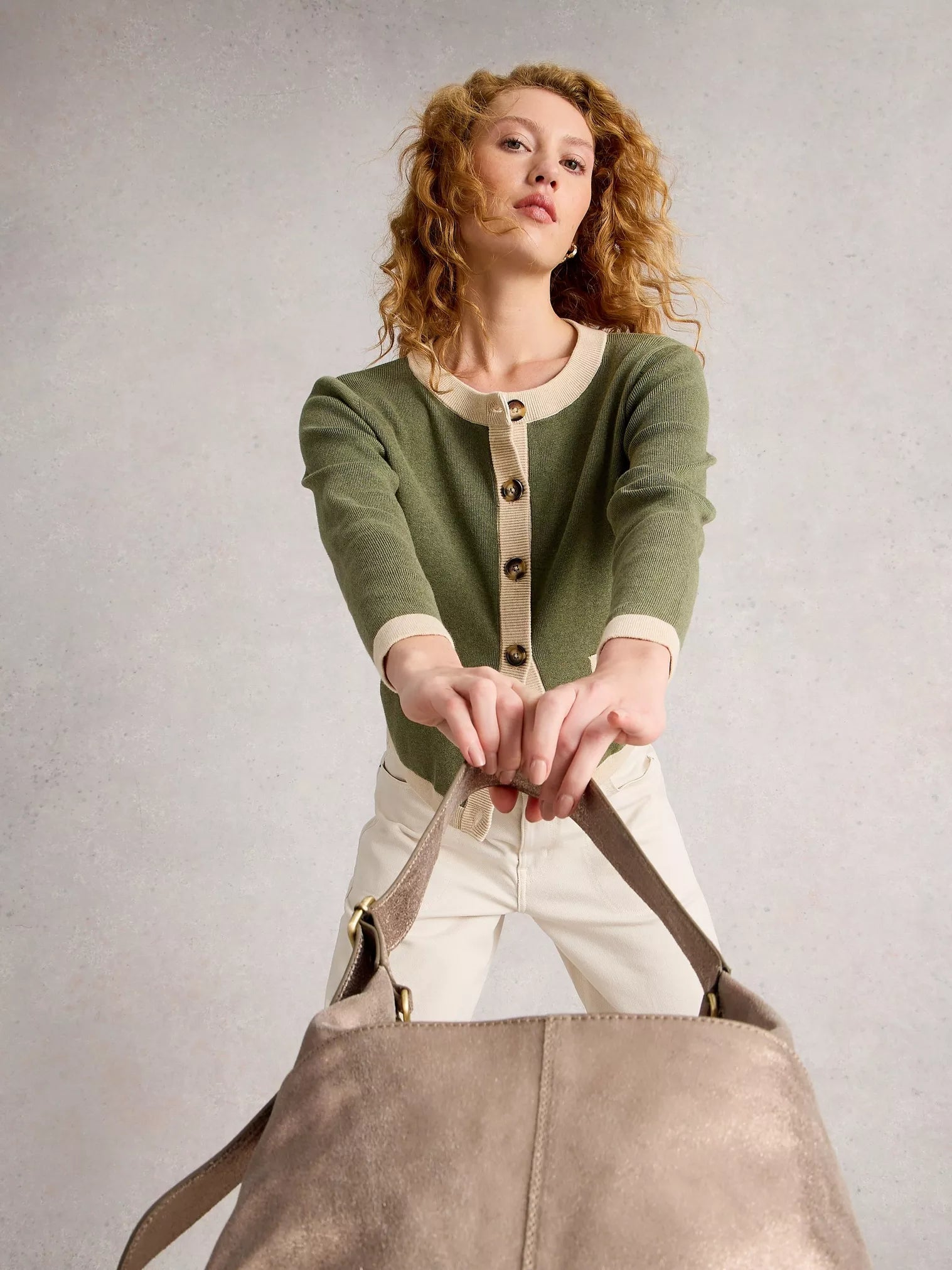 Charlotte Long Sleeve Cardi in Khaki Green – 100% Organic Cotton, Crew Neck, Faux Pockets, Contrast Tipping