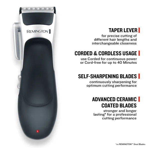 Remington hair trimmer with features listed on a white background