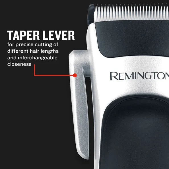 Remington hair clipper with taper lever feature on a black background