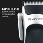 Remington hair clipper with taper lever feature on a black background
