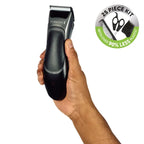 Hand holding a Remington hair clipper with a 25-piece kit icon on a white background