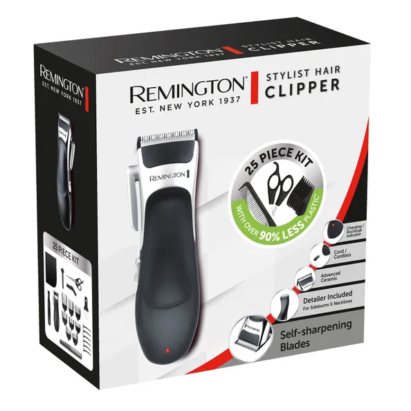 Remington Stylist Hair Clipper packaging with product illustration and feature details.