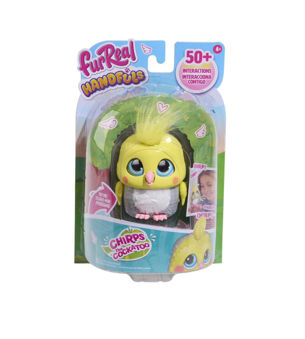 FurReal Handfuls Chirps the Cockatoo toy packaging on a white background