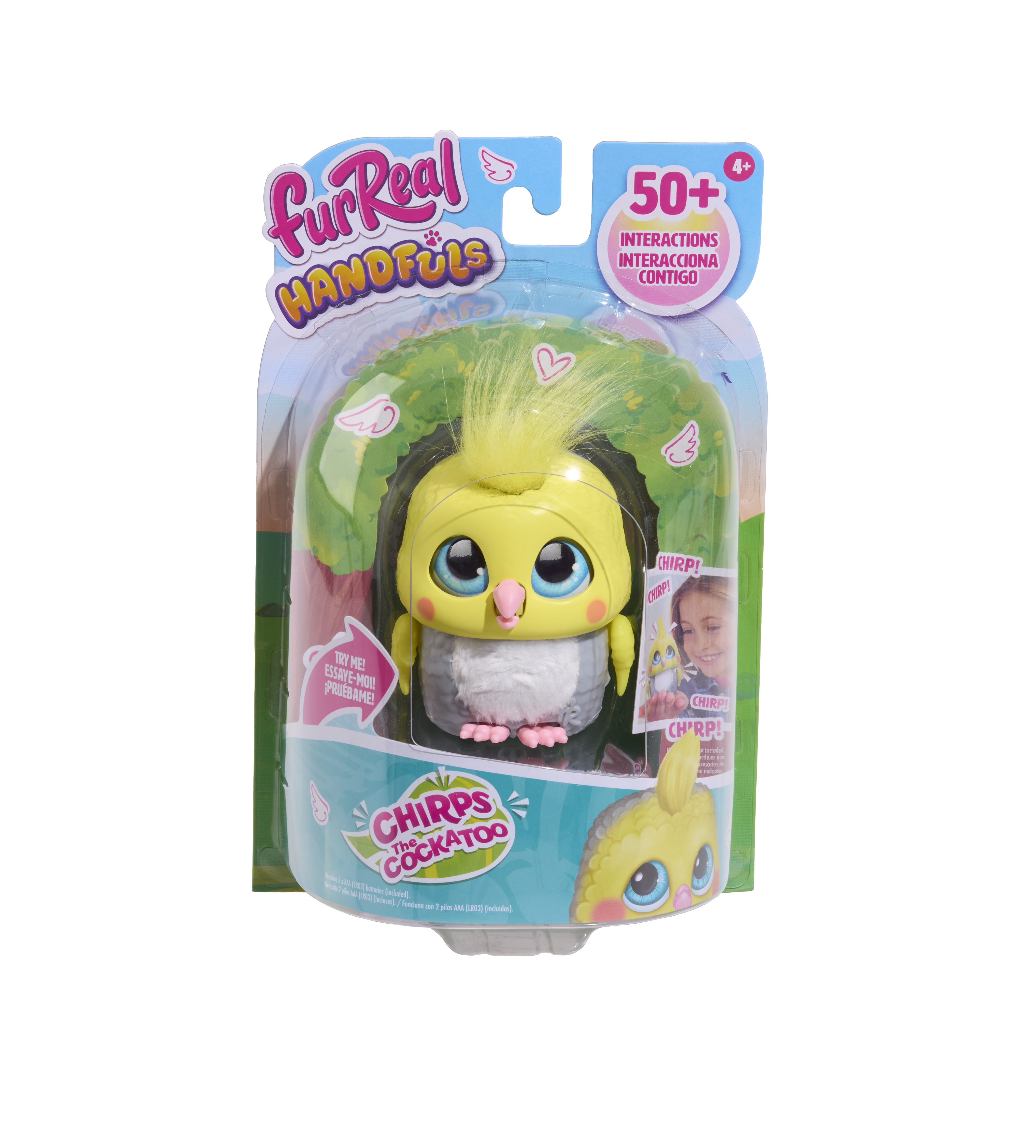 FurReal Handfuls Chirps the Cockatoo toy packaging on a white background