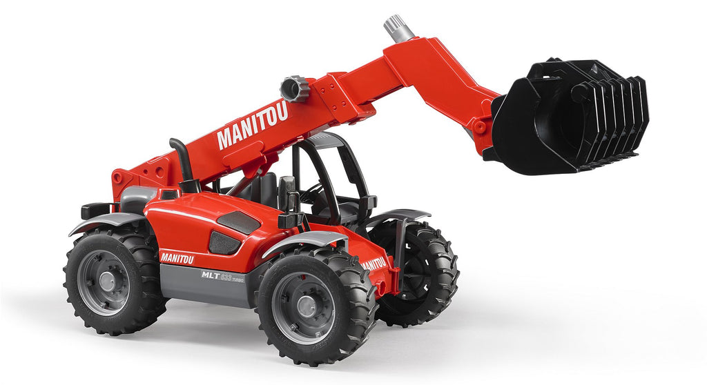 A red Bruder Manitou telescopic loader toy with a black bucket, extended telescopic arm, and tread tyres.