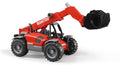 A red Bruder Manitou telescopic loader toy with a black bucket, extended telescopic arm, and tread tyres.