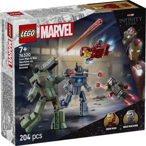 LEGO Marvel Iron Man and War Machine toy set packaging with characters and drones on a dark background.