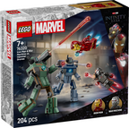 LEGO Marvel Iron Man and War Machine toy set packaging with characters and drones on a dark background.