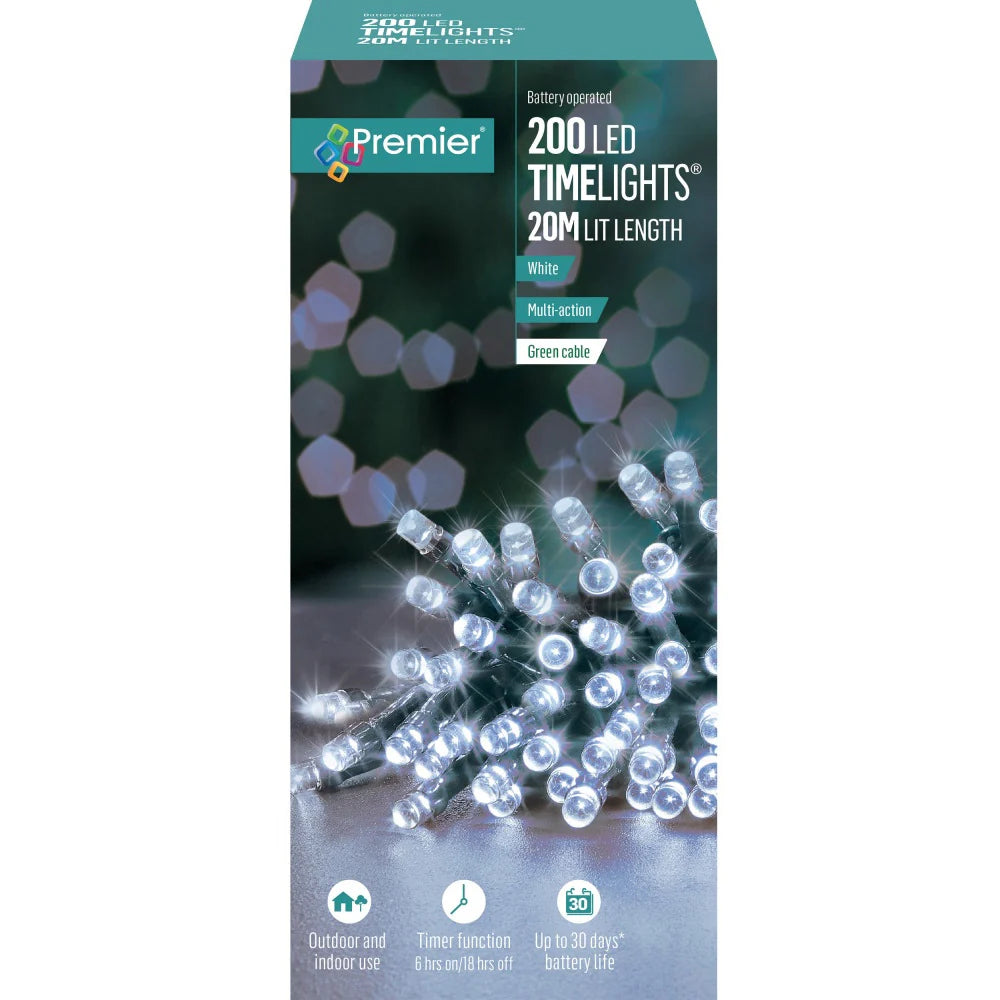 Premier 200 LED Battery Xmas Lights – White & Multi, Timer-Controlled