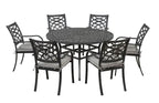 A 7-piece outdoor patio dining set featuring a round metal table and five matching armchairs with lattice backs and light gray cushions, shown on a plain white background.