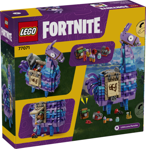 LEGO Fortnite Llama set packaging with purple and blue llama design.
