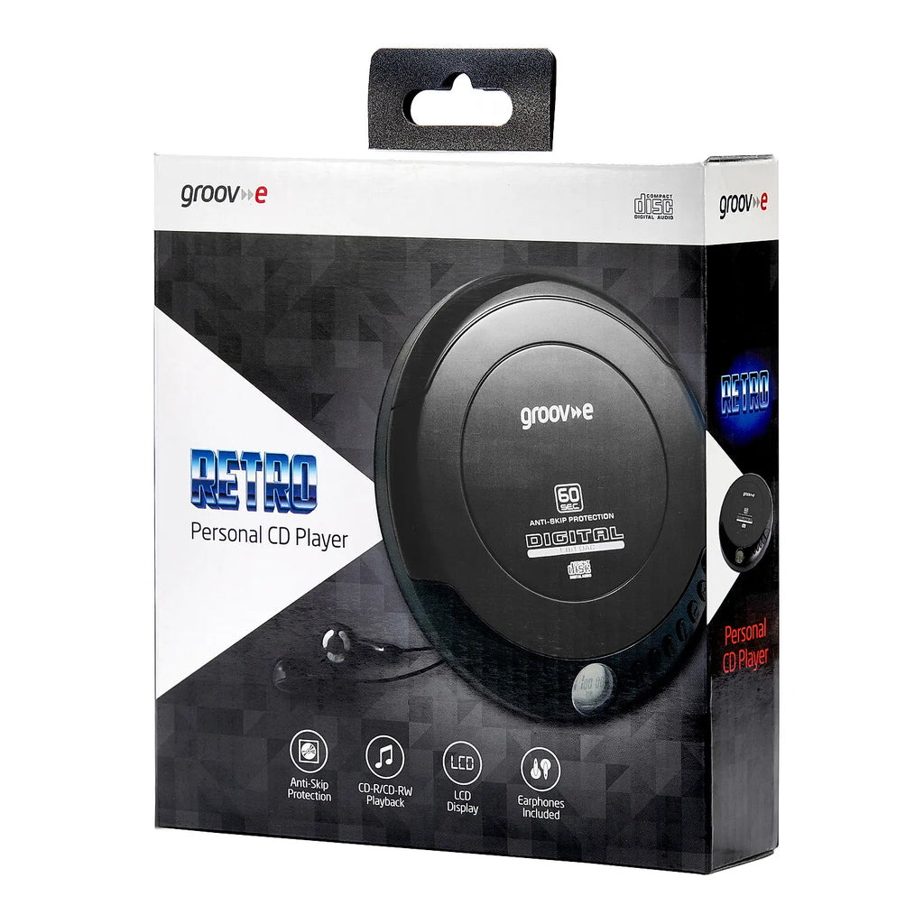 Groove Retro Personal CD Player retail packaging box, featuring a black and white design with a graphic of the black CD player on the front.