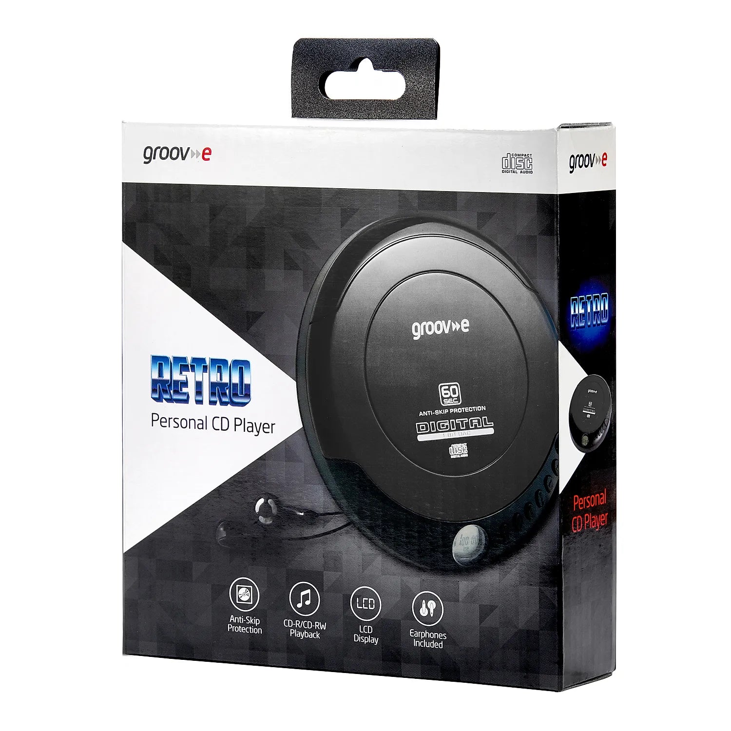 Groove Retro Personal CD Player retail packaging box, featuring a black and white design with a graphic of the black CD player on the front.