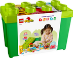 LEGO Duplo Learning Through Play 10016 toy building block storage box in green and lime green, featuring a large white front label with product information and a photo of a child playing.