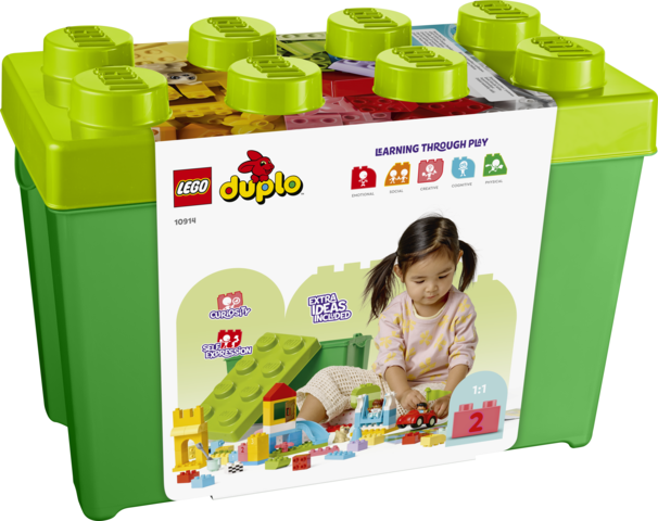 LEGO Duplo Learning Through Play 10016 toy building block storage box in green and lime green, featuring a large white front label with product information and a photo of a child playing.