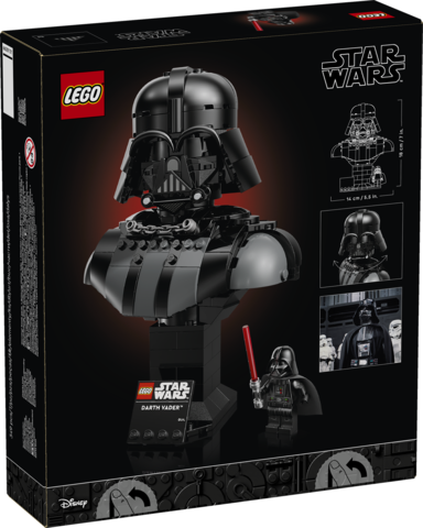 LEGO Darth Vader set packaging with character images on a black background