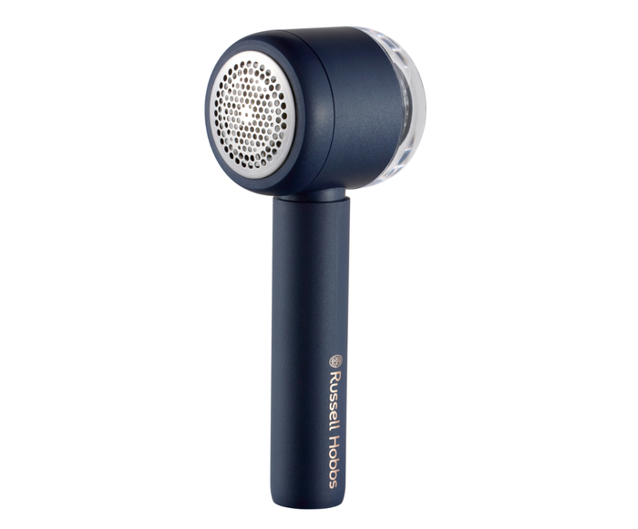Blue fabric shaver with Russell Hobbs logo on a white background