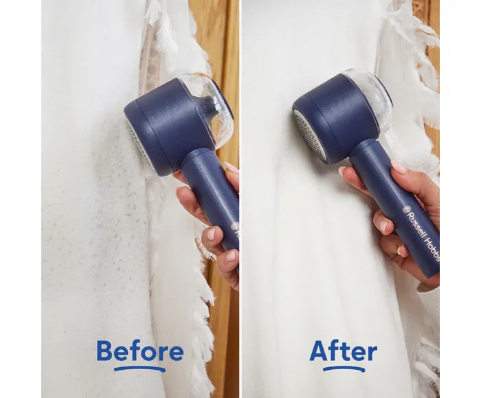 Before and after comparison of a fabric shaver on a blanket.
