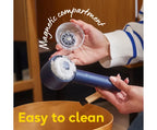 Person holding a blue handheld cleaning device with a clear compartment labeled 'Magnetic compartment' and text 'Easy to clean'.