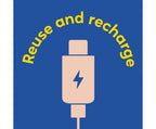 Icon of a USB plug with a lightning bolt symbol on a blue background with 'Reuse and recharge' text.